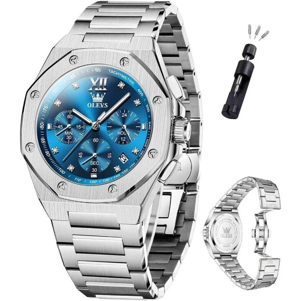 Olevs Men's Silver Blue Stain Steel Man Watch with Date Luminous Stylish Watch